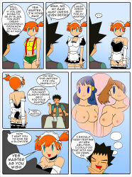 blue_hair bottomless breasts brock brown_hair bulge comic dawn dialogue empty_eyes erection erection_under_clothes fellatio femsub gloves happy_trance jimryu large_breasts long_hair maid maid_headdress maledom may misty nintendo nude opera_gloves pokemon pokemon_(anime) red_hair short_hair standing standing_at_attention text thighhighs thought_bubble topless twintails 