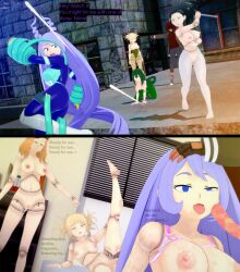  3d before_and_after black_eyes black_hair blonde_hair blue_eyes blue_hair bottomless breasts camie_utsushimi covered_with_cum cum cyanstargazer dialogue doll doll_joints dollification empty_eyes femsub green_hair himiko_toga koikatsu! maledom momo_yaoyorozu my_hero_academia nejire_hado nude puppet text tongue tongue_out topless tsuyu_asui yellow_skin 
