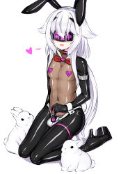 absurdres balls bodysuit bow_tie bunny bunny_boy bunny_ears chastity collar crotch_tattoo cuffs fake_animal_ears femboy happy_trance heart_pasties high_heels kneeling latex long_hair male_only malesub mastersprouts navel original pasties simple_background solo tattoo tech_control visor white_background white_hair 
