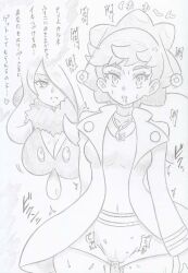  banshou black_hair breasts cynthia_(pokemon) diantha_(pokemon) drool femsub greyscale japanese_text large_breasts long_hair multiple_girls multiple_subs nintendo open_mouth pendulum pokemon simple_background text traditional translation_request 