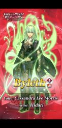 alternate_hair_color aura breasts byleth_eisner cape corruption english_text female_only femdom femsub fire_emblem fire_emblem_heroes fire_emblem_three_hopes glowing green_eyes green_hair hidari midriff nintendo official possession screenshot sothis_(fire_emblem_three_houses) spoilers standing sword text weapon