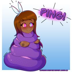  blue_background blush border breasts brown_hair cambridge_circle coils cummingsoonent dakota_(catatouille101) dark_skin erect_nipples femsub gradient_background hair_ornament happy_trance kaa_eyes nipples ping restrained signature smile snake trembling 