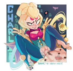 bottomless brawl_stars charlie_(brawl_stars) cleavage clothed_exposure double_v drool femsub halloween heart_eyes large_breasts long_hair penis polchito pussy sex_toy spider spiral spread_legs v