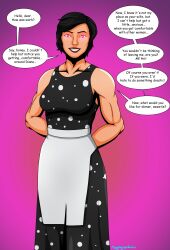  black_hair dc_comics donna_troy dress english_text female_only femsub housewife looking_at_viewer megaguardain pink_eyes short_hair smile stepfordization super_hero teen_titans text wonder_woman_(series) yandere 