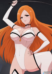  bleach brown_eyes clothed dominatrix enemy_conversion evil_smile female_only femsub gloves heart long_hair opera_gloves orange_hair orihime_inoue solo whip yamimochi 