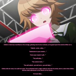 aliensdideverything_(manipper) androgynous brown_hair caption chihiro_fujisaki dangan_ronpa empty_eyes glowing glowing_eyes male_only maledom malesub manip open_mouth pink_eyes short_hair text