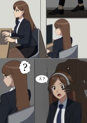  absurdres antenna brown_hair clefla comic dollification empty_eyes expressionless femsub glowing_eyes headphones hypnotic_accessory large_breasts long_hair maledom office_lady original pantyhose remote_control robotization skirt tech_control text translation_request 