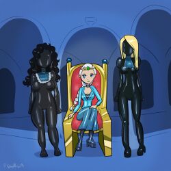 black_hair blonde_hair blue_eyes bodysuit crown dovah_(thebestnick) female_only femdom jewelry latex long_hair mask original parangsakti silver_hair sitting smile standing standing_at_attention symbiote