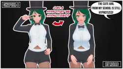 animated before_and_after black_hair blush brown_hair clothed empty_eyes femsub green_eyes green_hair hypnotized_hypnotist kneeling maledom nude pink_hair rollb tagme text top_hat video