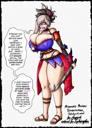  abs bimbofication breasts dialogue fate/grand_order fate_(series) female_only femsub huge_breasts huge_lips kimono miyamoto_musashi_(fate) sandals schinkn simple_background speech_bubble sword text thick_thighs thong weapon white_background 