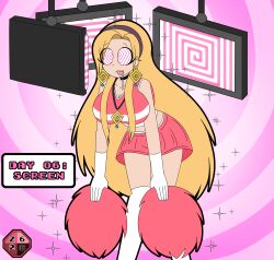 bangs blonde_hair breasts cheerleader choker drool earrings femsub gloves hypnotic_screen hypnovember kneehighs large_breasts long_hair necklace open_mouth opera_gloves original skirt spiral_background spiral_eyes tagme tv v-nettle_(nettleseeds) very_long_hair zombi62