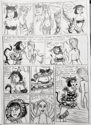  bicooo6 black_hair cat_girl coils comic naga_girl open_mouth resisting restrained speech_bubble spiral_eyes text 