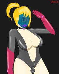 absurdres breasts bulge drone female_only femsub large_breasts latex leotard mask open_mouth penis ponytail robotization solo tech_control usakiki visor