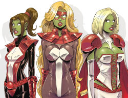 blonde_hair bodysuit breasts brown_hair cleavage emma_frost empty_eyes expressionless female_only femsub green_skin hypnotia kitty_pryde long_hair marvel_comics mask shono short_hair standing standing_at_attention super_hero x-men