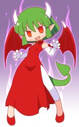 blush chibi clothed corruption draco_centauros dragon_girl dress elf_ears empty_eyes evil_smile eyebrows_visible_through_hair fangs gloves gradient_background green_hair horns leg_warmers looking_at_viewer ma-bonasu open_mouth opera_gloves purple_background puyo_puyo red_eyes shoes short_hair side_slits simple_background small_breasts tail wings