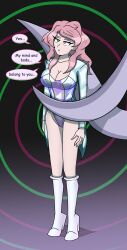  black_clover boots cleavage clothed collarbone dazed empty_eyes english_text femsub hy2300 instant_loss jacket leotard long_hair malamar multicolored_eyes nintendo open_mouth pink_hair pokemon pokemon_(creature) simple_background speech_bubble spiral_background standing tentacles text vanessa_enoteca 