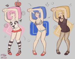  afro blonde_hair blue_hair brain_drain femsub glasses happy_trance horns kalifa_(one_piece) lipstick long_hair midriff one_piece perona pink_hair posed spiral_eyes swimsuit ulti_(one_piece) underwear yourfuckingweeb 