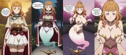 ai_art before_and_after black_clover dialogue genie happy_trance large_breasts long_hair mimosa_vermillion orange_hair text thehypno7ist_(generator)