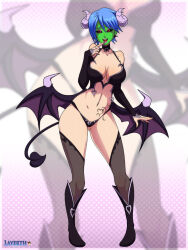 aqua_(kingdom_hearts) blue_hair breasts cleavage corruption demon_girl femsub fingerless_gloves gloves green_skin horns kingdom_hearts kingdom_hearts_birth_by_sleep large_breasts layerth makeup monster_girl open_mouth solo succubus tail wings