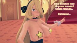 aware blonde_hair bunny_ears bunnysuit clothed clothed_exposure cynthia dialogue english_text female_only grey_eyes hair_covering_one_eye mustardsauce pokemon pokemon_(anime) solo text
