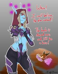 blonde_hair blue_skin breast_fondling breast_grab breasts eagle_bacon elf elf_ears english_text female_only femdom femsub fingering glowing_eyes gnome gnome_girl gradient_background hair_covering_one_eye hypnotic_magic magic midriff navel possession purple_hair red_eyes signature smile sylvanas_windrunner symbol tagme text twintails warcraft world_of_warcraft yuri