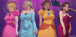 bare_shoulders cleavage clothed crown dark_skin dress earrings femsub gloves gradient_background headphones hypnotic_eyes hypnotic_screen kaa kaa_eyes long_skirt m4ns0n multiple_girls multiple_subs opera_gloves pauline pendulum princess_daisy princess_peach princess_rosalina purple_background super_mario_bros. tagme the_jungle_book visor