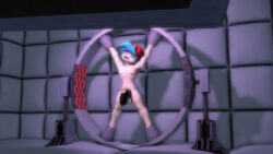  3d blue_hair boyfriend_(friday_night_funkin') cage cap chastity cuffs friday_night_funkin' male_only malesub muscle_boy nipples nude restrained solo sonicthebitch source_filmmaker spiral_eyes spiralwash_eyes spread_eagle spread_legs tech_control 