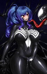  azur_lane blue_hair blush bodysuit breasts erect_nipples erect_nipples_under_clothes fangs female_only femsub fingering gradient_background happy_trance huge_breasts latex living_costume marvel_comics masturbation parasite pussy_juice red_eyes rikatsuky rubber side_ponytail st._louis_(azur_lane) symbiote thick_thighs tight_clothing venom_(marvel) 