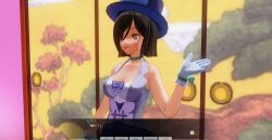 3d black_hair breasts collar dialogue female_only gloves hat heterochromia kamen_writer_mc large_breasts magician mc_trap_town screenshot short_hair solo text translated