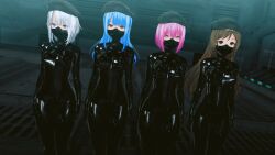  3d blue_eyes blue_hair bodysuit brown_eyes brown_hair catsuit custom_maid_3d_2 empty_eyes erect_nipples_under_clothes eye_roll face_mask female_only femsub hat large_breasts latex long_hair multiple_girls multiple_subs nyorohsb orange_eyes pink_eyes pink_hair rubber short_hair standing standing_at_attention thick_thighs white_hair 
