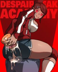 aoi_asahina brown_hair clothed cover cum dangan_ronpa english_text female_only femsub mosbles ponytail red_eyes solo tan_skin text