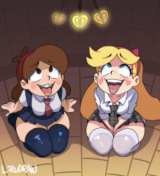  blonde_hair blue_eyes braces brown_eyes brown_hair disney empty_eyes eyebrows_visible_through_hair gravity_falls hair_band jacket kneeling lirudraw mabel_pines pendulum school_uniform shirt signature star_butterfly star_vs_the_forces_of_evil thighhighs tie tongue tongue_out 