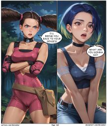 256527 ai_art blue_hair brown_hair devianbar dialogue kidd_summers large_breasts nintendo perrin_(pokemon) pokemon short_hair team_hypno text