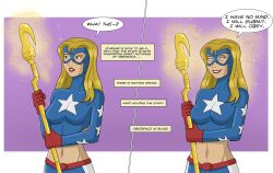 absurdres before_and_after blonde_hair dc_comics female_only femsub happy_trance hypnotic_accessory long_hair mask midriff polmanning smile spiral_eyes stargirl super_hero symbol_in_eyes text western
