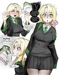    betrayal blonde_hair cheek_squish clothed draco_malfoy drool english_text femsub genderswap glatu harry_potter_(series) light_skin ring_eyes school_uniform skirt snake speech_bubble static_eyes text tie 