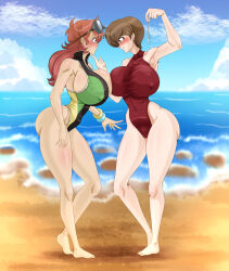  beach blush breast_press breasts brown_eyes brown_hair eiko_magami empty_eyes female_only femsub goggles goggles_on_head huge_breasts jewelry karuro-kun long_hair maledom nabiki_tendo necklace one-piece_swimsuit open_mouth pendulum project:_a-ko ranma_1/2 red_hair short_hair smile story swimsuit symmetrical_docking thick_thighs 