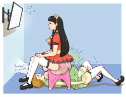  absurdres ahbagels black_hair blush bow breasts brown_hair chie_satonaka diaper dress empty_eyes femsub golden_shower hairband long_hair monitor open_mouth persona_(series) persona_4 red_dress scat shoes short_hair spiral tears text thighhighs urination yukiko_amagi 