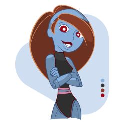  crossed_arms female_only fembot femsub happy_trance headband kim_possible kim_possible_(series) leotard long_hair noor69 red_eyes red_hair robot robot_girl robotization simple_background tech_control the_bebes uniform white_background 