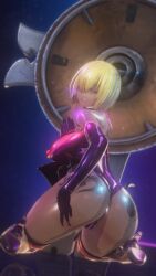 3d alternate_costume armor ass bare_shoulders before_and_after blonde_hair breast_expansion breasts choker clothed_exposure corruption dark_skin english_text evil_smile fate/grand_order fate_(series) female_only femsub gloves glowing hair_covering_one_eye huge_breasts kneeling koikatsu! large_ass looking_back mashu_kyrielight midriff navel nipples opera_gloves pink_eyes posing qos reflection see-through shield simple_background smile solo taihou1944 tattoo text thighhighs thighs transformation