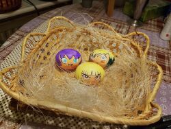  angry awake-san black_hair blonde_hair blue_eyes blush dazed easter eggs erika_(er-ikaa) femsub humor hypno-tan keeper_of_pots multicolored_hair multiple_girls open_mouth original purple_hair smile spiral_eyes yellow_eyes 