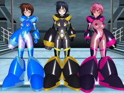  3d 3d_custom_girl armor black_hair blush bodysuit boots breasts brown_hair cosplay empty_eyes evil_smile eyelashes female_only femsub gloves green_eyes headphones leotard looking_at_viewer makeup megaman_(series) microchip multiple_girls opera_gloves original pasties pink_eyes pink_hair red_eyes rubber saihate_no_majo see-through short_hair shoulder_pads smile standing tight_clothing weapon 