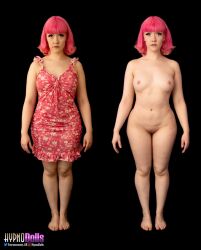  bare_legs barefoot before_and_after breasts clothed entrancement_uk evie_(entrancement) expressionless femsub nipples nude pink_hair real short_hair straight-cut_bangs 