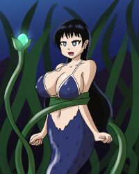 bikini bikini_top black_hair cleavage female_only femsub glowing_eyes happy_trance huge_breasts large_breasts long_hair mermaid midriff mythkaz nagi_arato ruri_rocks tagme