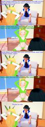  absurdres arms_above_head ash_ketchum black_hair blonde_hair brown_eyes clothed daisy_oak dialogue english_text femsub horokeu long_hair maledom nintendo pokemon pokemon_(anime) short_hair shrunken_irises squatting text 