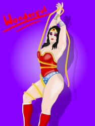 absurdres black_hair bondage boots cleavage corruption corset dc_comics female_only femsub lasso_of_truth open_clothes open_mouth posing rope saltygauntlet shibari short_shorts shorts spiral_eyes super_hero symbol_in_eyes text thick_thighs thigh_boots thighs wonder_woman