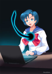  blue_hair breasts computer female_only gradient_background hadant large_breasts magic sailor_mercury sailor_moon_(series) school_uniform short_hair signature simple_background solo watermark 
