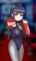  akira_oono alternate_costume black_hair bracers breasts capcom crossover degarashi dronification empty_eyes enemy_conversion expressionless eyelashes female_only femsub fingerless_gloves gloves hat hi_score_girl leotard long_hair looking_at_viewer microchip pantyhose shadaloo_dolls solo standing street_fighter tie uniform yellow_eyes 