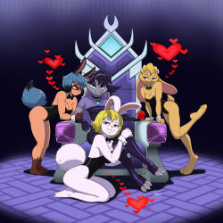 bare_legs barefoot bianca_(spyro_the_dragon) black_hair blonde_hair blue_eyes blue_hair bow_tie brand_new_animal bunny_girl bunnysuit carrot_(one_piece) chair clothed crossover fingerless_gloves furry gloves grey_skin happy_trance harem krystal-and-co-bonda love_potion michiru_kagemori multiple_girls multiple_subs non-human_feet one_piece purple_eyes red_eyes seductive_smile short_hair sitting smile spyro_the_dragon_(series) thighhighs valentine&#039;s_day white_skin yuri