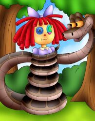  black_eyes bow coils crossover disney doll eyebrows_visible_through_hair femsub jerrydestrtoyer kaa kaa_eyes maledom outdoors ragatha red_hair restrained snake the_amazing_digital_circus the_jungle_book trees 