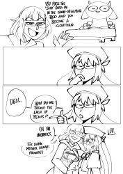 artoria_caster_(fate) artoria_pendragon bed blush border breasts cleavage clinickcase clothed cock_growth comic consensual corruption dialogue embarrassed english_text eyebrows_visible_through_hair fate/grand_order fate_(series) femdom femsub futanari futasub glasses goddess greyscale hat jacques_de_molay_(foreigner) magic monochrome preview short_hair shub-niggurath simple_background smile speech_bubble surprised text transgender twintails very_long_hair white_background yuri